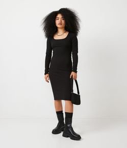 Vestido Midi Básico em Algodão Canelado com Manga Longa