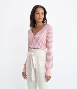 Cardigan Texturizado em Tricô com Fio Metalizado e Decote V