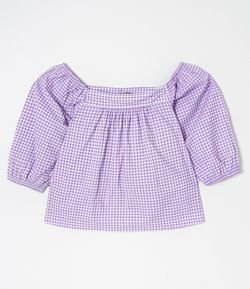 Blusa Manga Bufante em Algodão Estampa Xadrez Vichy Curve & Plus Size