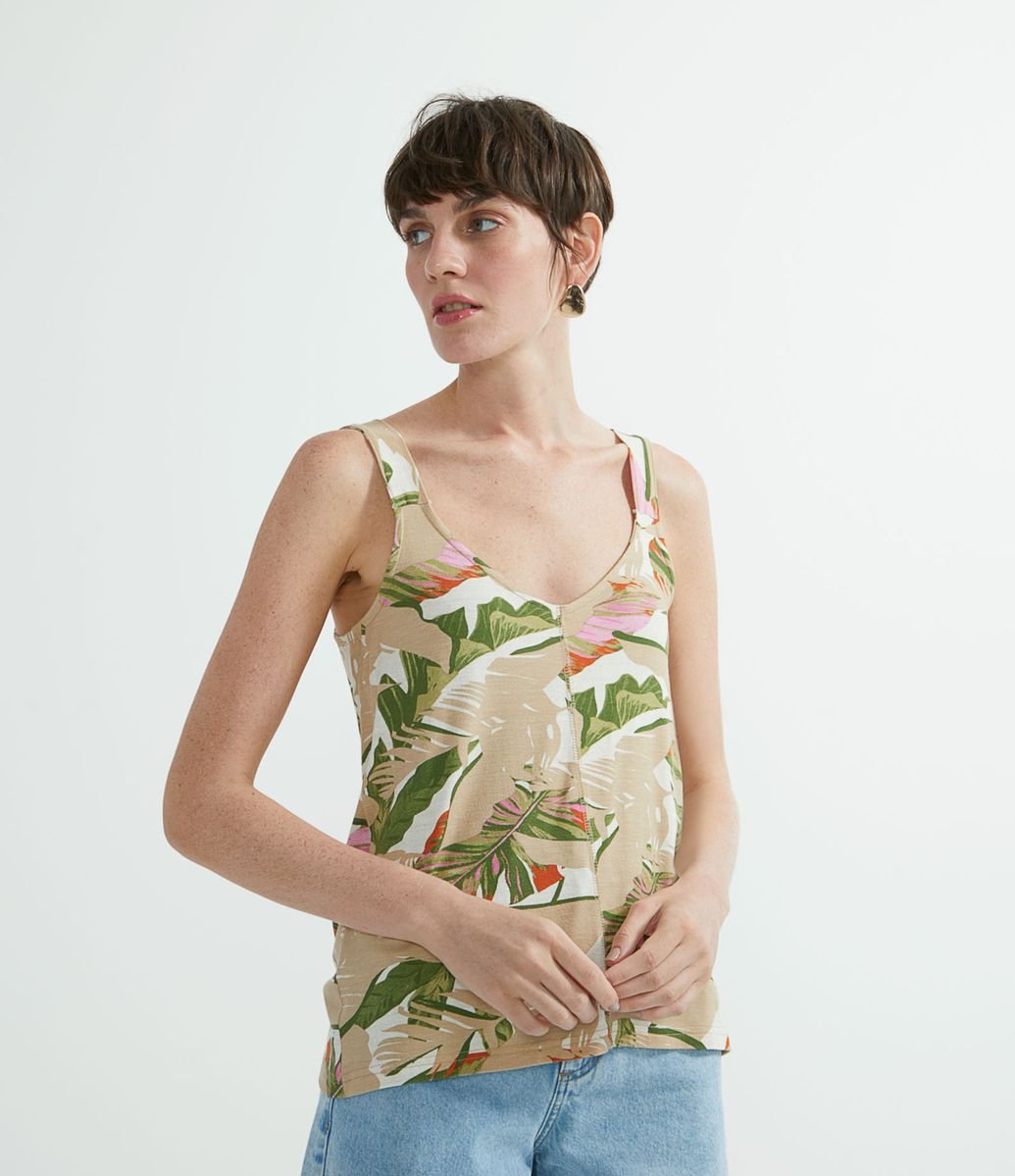 Menor preço em Blusa Regata com Alça Larga em Viscose com Estampa de Folhagem