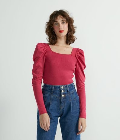 blusa manga longa em tricô bufante lisa