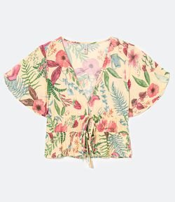 Blusa Curta Estampa Floral com Mangas Amplas e Amarração
