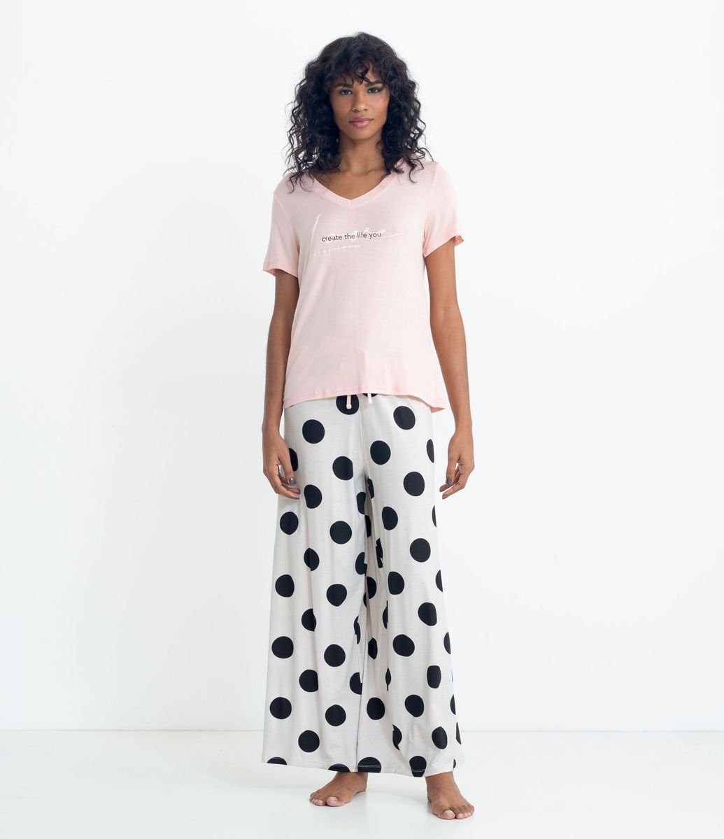 Pijama Longo em Viscolycra Estampa Love e Poá Rosa