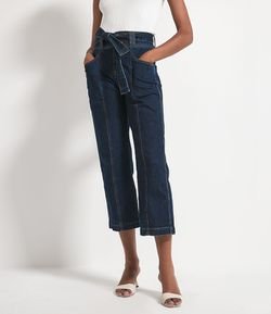 Calça Reta Cropped Jeans Lisa com Cinto Faixa