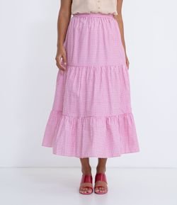 Saia Midi em Tricoline Estampa Xadrez com Recortes