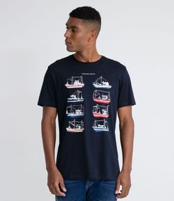 Camiseta Manga Curta em Algodão Peruano com Estampa Barcos