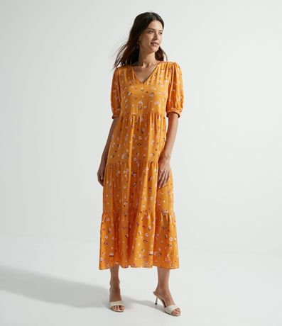 Vestido Midi em Viscose com Manga Bufante e Babados na Saia Menor preço em Vestido Midi em Viscose com Manga Bufante e Babados na Saia