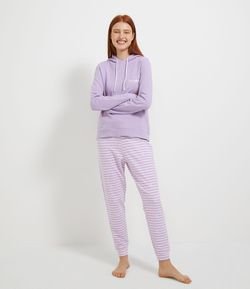Pijama Longo em Moletom Blusa com Capuz e Calça Jogger Listrada 