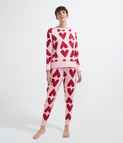 Pijama Blusa Manga Longa e Calça em Moletom com Estampa de Corações