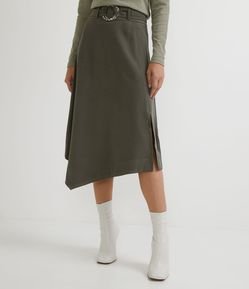 Saia Midi Evasê com Cinto e Barra Assimétrica