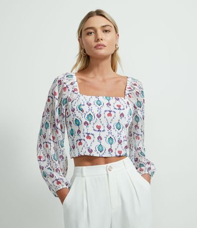 Blusa Cropped em Chiffon Manga Longa Bufante Estampa Étnica é boa?