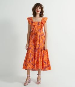 Vestido Midi Sem Mangas Estampa Floral Paisley com Babados