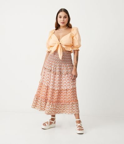 Saia Midi em Viscose com Mix de Estampas Florais e Babados Menor preço em Saia Midi em Viscose com Mix de Estampas Florais e Babados