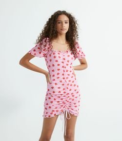 Vestido Tule Estampado moranguinhos com repuxado frontal