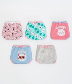 Kit 5 Calcinhas Infantil Estampa Gatinhos Love - Tam 2 ao 14 anos