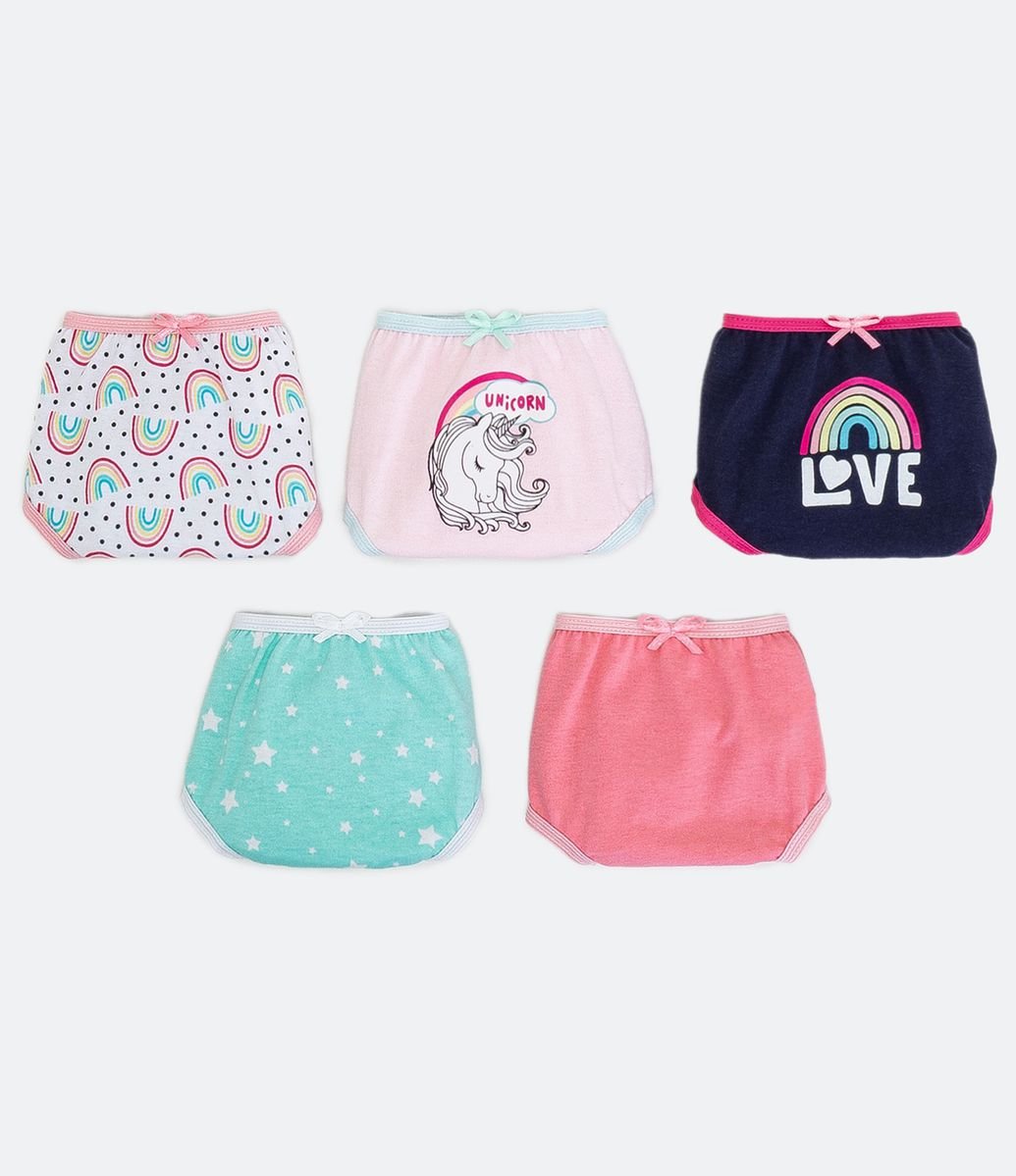Kit 5 Calcinhas Infantil Estampa Unicórnio Love - Tam 2 ao 14 anos  Multicores