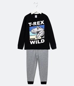 Pijama Infantil Longo Toque Suave Estampa T-Rex - Tam 5 a 14 anos