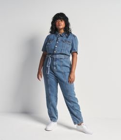 Macacão Longo Jeans com Manga Curta Bufante e Cinto Curve & Plus Size