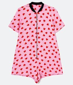 Macaquinho em Viscose com Zíper na Frente Estampa Morangos