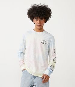 Camiseta Regular em Algodão Tie Dye com Estampa Smiley