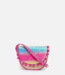 Bolsa Infantil em Palha com Estampa Arco-Íris com Glitter e Pompom - Tam U