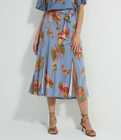 Saia Midi em Viscose com Estampa de Folhagem e Fendas Frontais Menor preço em Saia Midi em Viscose com Estampa de Folhagem e Fendas Frontais