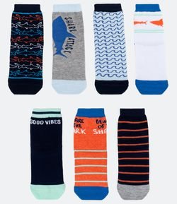 Kit 7 Meias Infantis Estampas Diversas Listras e Tubarão - Tam 19/22 a 31/34