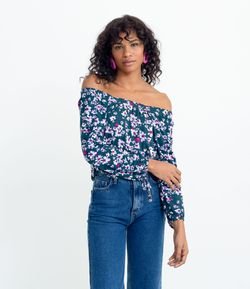 Blusa Bata em Viscose com Estampa Floral e Amarrção nas Mangas