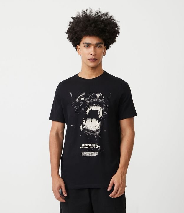 Camiseta Regular em Meia Malha com Estampa de Lobo Selvagem Preto 1