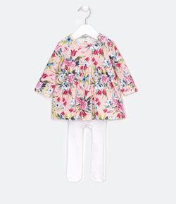 Vestido Infantil Estampa Floral com Meia Calça - Tam 0 a 18 meses