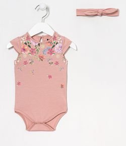 Body Infantil Estampa Floral com Acessório de Cabelo - Tam 0 a 18 meses