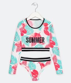 Biquíni Cropped Infantil com Estampa de Folhagens - Tam 5 a 14 anos