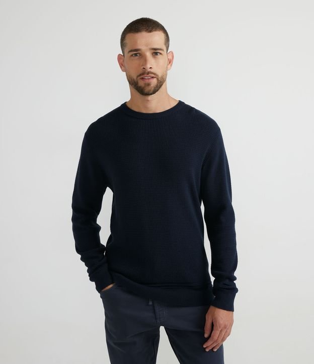 Suéter Comfort em Tricô com Textura Azul Escuro 1