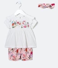 Conjunto Infantil com Faixa de Cabelo Estampa Floral - Tam 0 a 18 meses