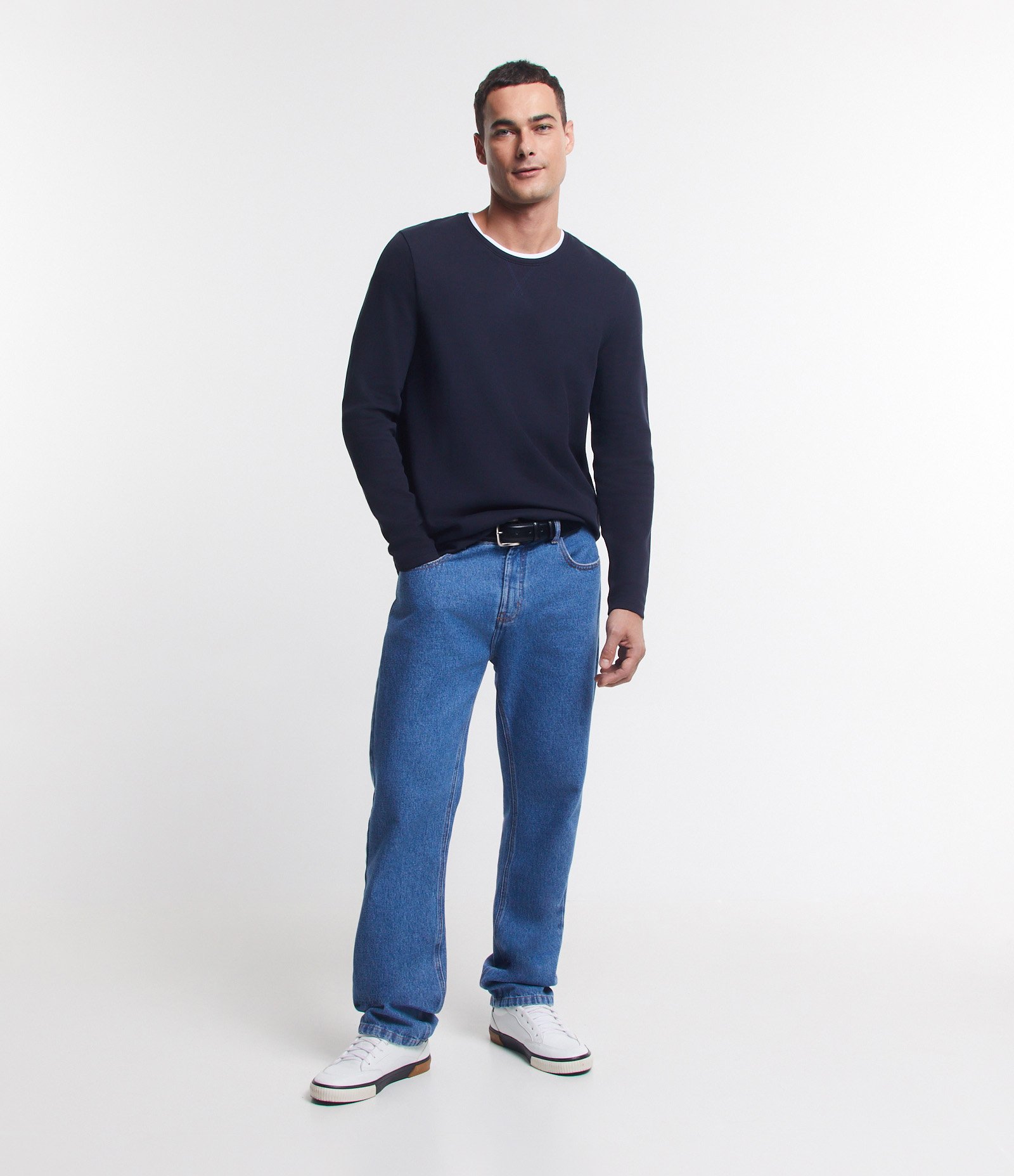 Camiseta Regular em Algodão Texturizado com Friso na Gola Azul 3