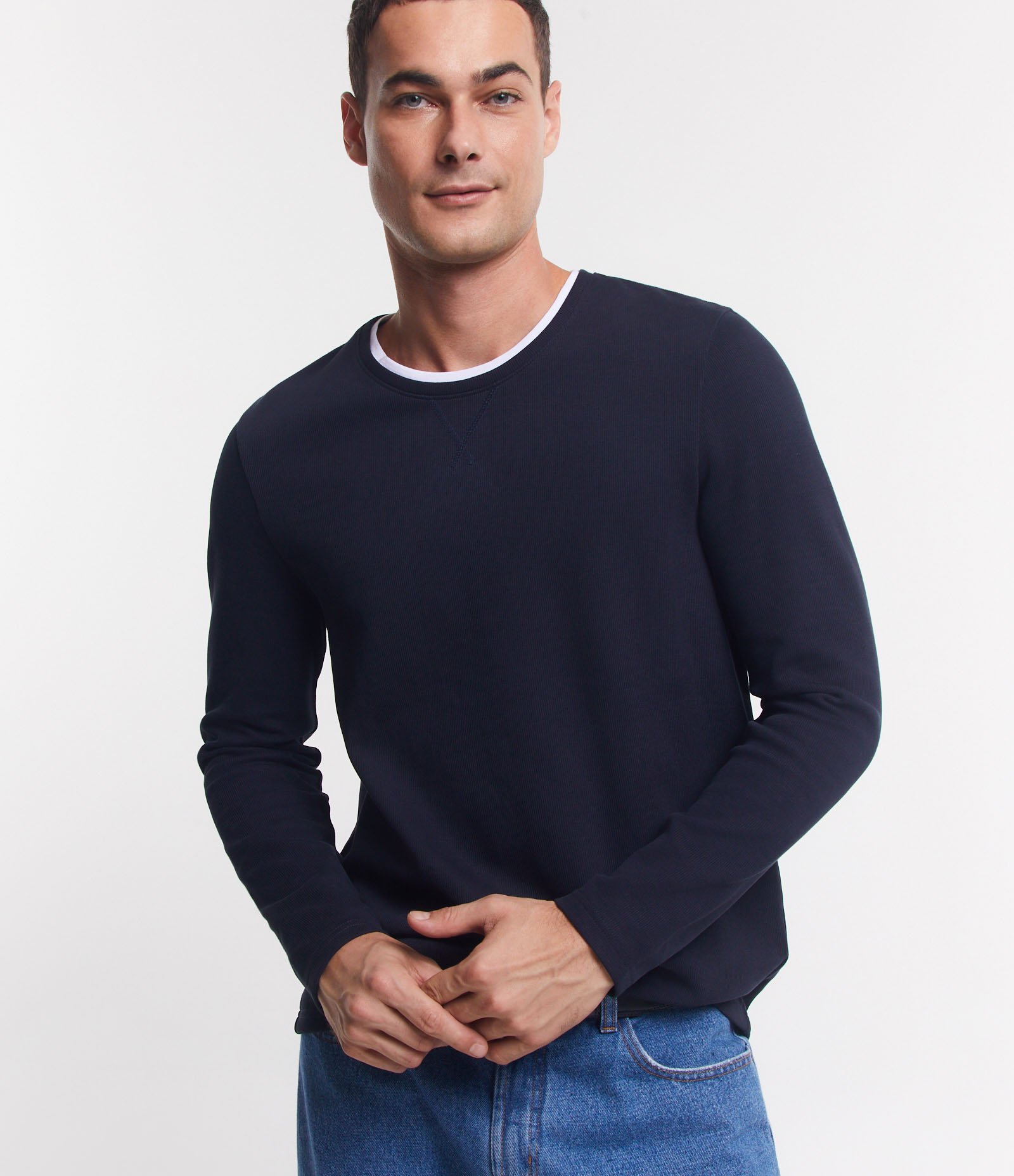 Camiseta Regular em Algodão Texturizado com Friso na Gola Azul 5