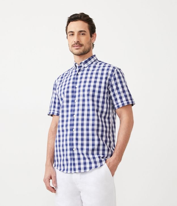 Camisa Manga Corta en Algodón con Estampado de Cuadros Azul 1