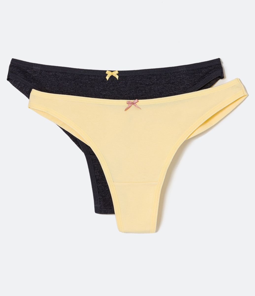 Kit 2 Bikínis Hilo Doble en Algodón con Lazo Contrastante Amarillo/Gris