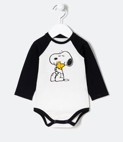 Body Infantil Raglan Estampa Snoopy e Woodstock - Tam 0 a 18 meses