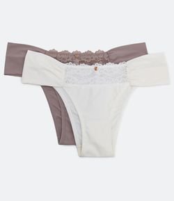 Kit 2 Calcinhas Biquíni com Lateral Drapeada em Microfibra Texturizada com Renda