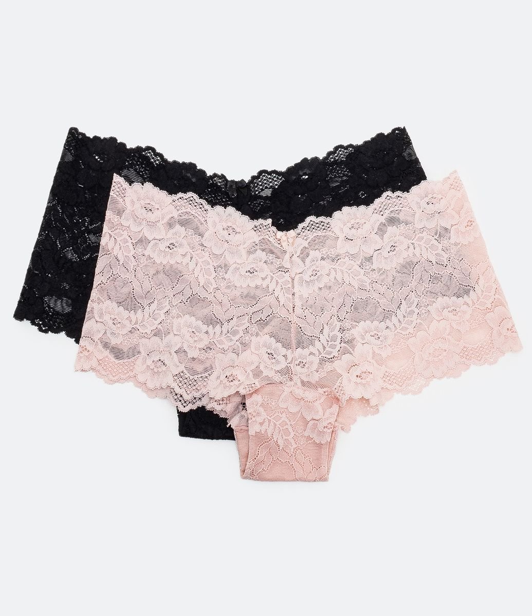 Kit 02 Bombachas Bikinis Calzon en Encaje de Flores Rosado/Negro