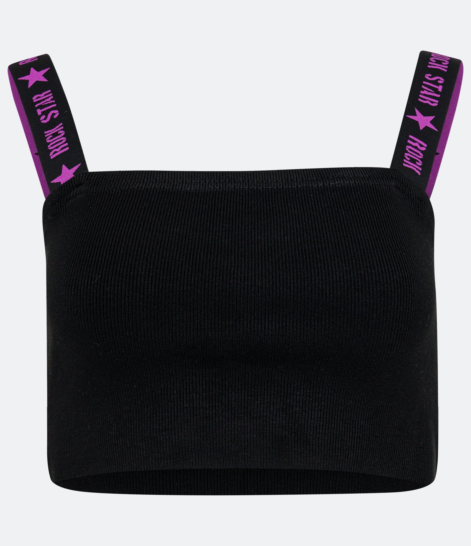 Blusa Cropped de Alça em Viscose com Estampa Rock Star nas Alças Preto 1
