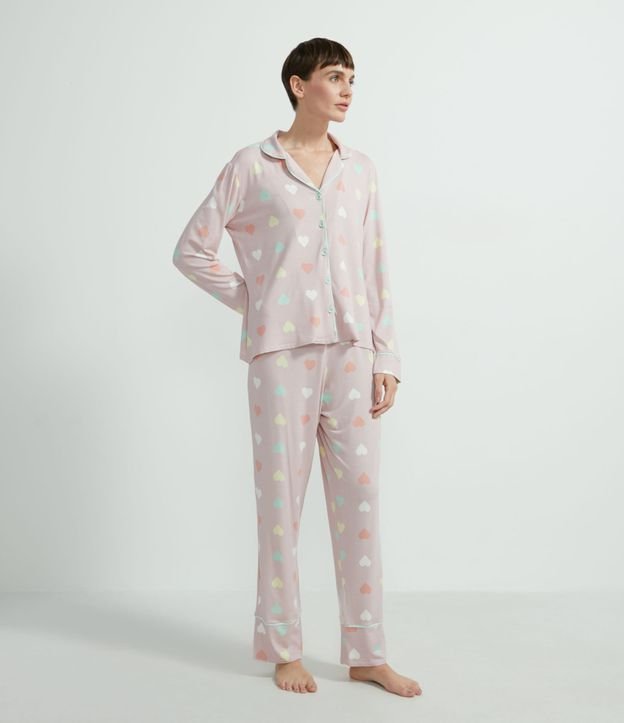 Pijama Americaño Remera Manga Larga y Pantalón Estampa Corazones Rosado 1