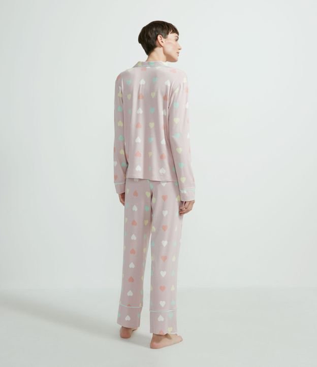 Pijama Americaño Remera Manga Larga y Pantalón Estampa Corazones Rosado 2
