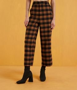 Calça Pantacourt Xadrez com Cintura Alta e Elástico no Cós