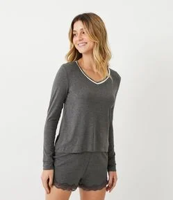 Blusa de Pijama em Viscolycra com Viés Contrastante