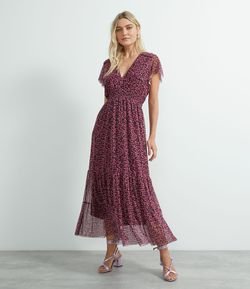 Vestido Midi em Tule Estampa Floral