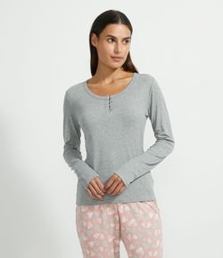 Blusa de Pijama Manga Longa em Ribana com Botões na Gola