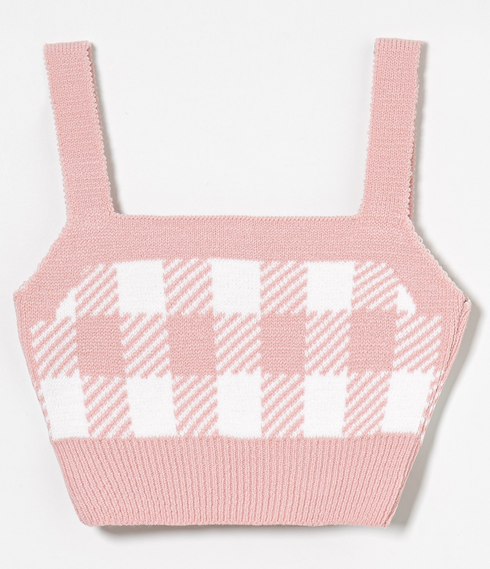 Blusa Regata Cropped em Tricô Xadrez Rosa 1