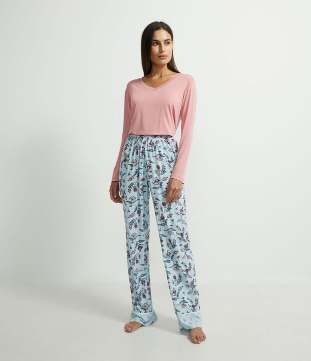 Pijama Blusa Manga Larga y Pantalón con Estampa de Flores en Viscolycra Rosado 1